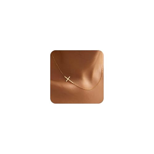 Poxtex Cross Necklace for Women Teen Girls, Dainty 14K Gold Silver Plated Cross Choker Jewelry Non Tarnish Waterproof Cute Simple Small Necklace Christian Baptism Religious Faith Jewelry Gifts - color: 05 Sideways Cross - Gold