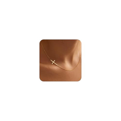 Poxtex Cross Necklace for Women Teen Girls, Dainty 14K Gold Silver Plated Cross Choker Jewelry Non Tarnish Waterproof Cute Simple Small Necklace Christian Baptism Religious Faith Jewelry Gifts - color: 05 Sideways Cross - Gold