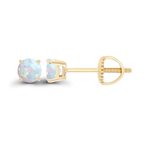 14K Gold Plated 925 Sterling Silver Hypoallergenic 4mm Round Genuine Birthstone Solitaire Screwback Stud Earrings - color: Opal Created