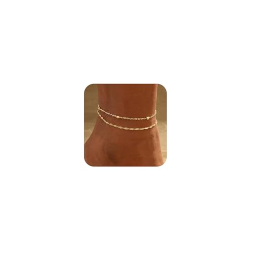 Gold Ankle Bracelets for women,14k Gold/Silver Plated Waterproof Layered lightweight Bow Beaded Twisted Chain Cross Butterfly Satellite Ankle Bracelets Set Gold Anklets for women Trendy Summer Beach Jewelry Gift for Women - style: 2 anklets twisted satell