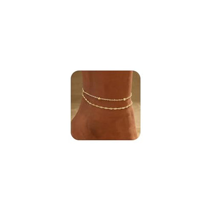 Gold Ankle Bracelets for women,14k Gold/Silver Plated Waterproof Layered lightweight Bow Beaded Twisted Chain Cross Butterfly Satellite Ankle Bracelets Set Gold Anklets for women Trendy Summer Beach Jewelry Gift for Women - style: 2 anklets twisted satell