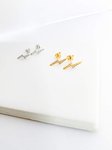 Altitude Boutique Cubic Zirconia Lightning Bolt Earrings | CZ Gold Stud Earrings for Women | Hypoallergenic Geometric Punk Earrings - color: Silver