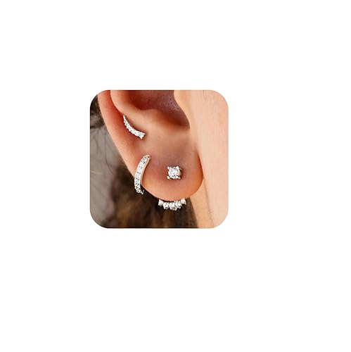 Gelbesty Gold Stud Earrings Set for Women, 3 Pairs Huggie Hoop Jacket Studs Earring Stacks - color: Silver