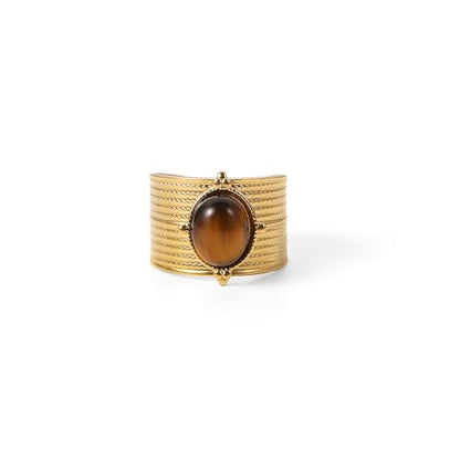 Western Captivating Tiger's Eye Stone Ring,Solitaire 8 * 10mm Oval Cut Gemstone 18K Gold Plated Stack 13mm Wide Ribbed Texture Band Statement Ring for Women - style: Tiger's Eye A