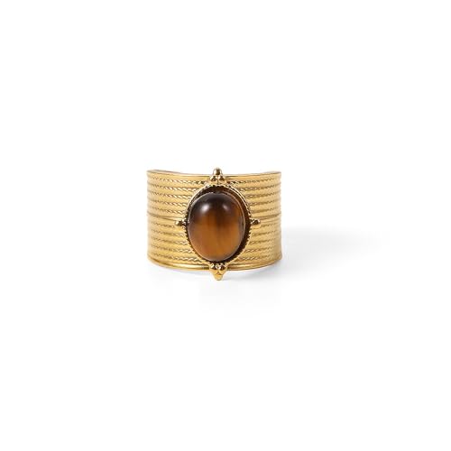 Western Captivating Tiger's Eye Stone Ring,Solitaire 8 * 10mm Oval Cut Gemstone 18K Gold Plated Stack 13mm Wide Ribbed Texture Band Statement Ring for Women - style: Tiger's Eye A