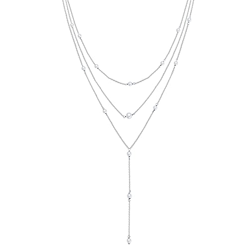 925 Sterling Silver Multilayer Layered Triple Long Chain Necklace for Women - style: Pearl Multilayer