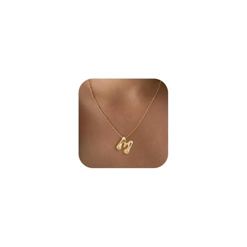 Bheop Initial Necklace for Women, Gold Silver A-Z Bubble Letter Necklace | Chunky Personalized Monogram Name Pendant, Cute Balloon Charm, Dainty Beaded Chain, Trendy Jewelry Gifts, Non Tarnish - color: Gold, style: M