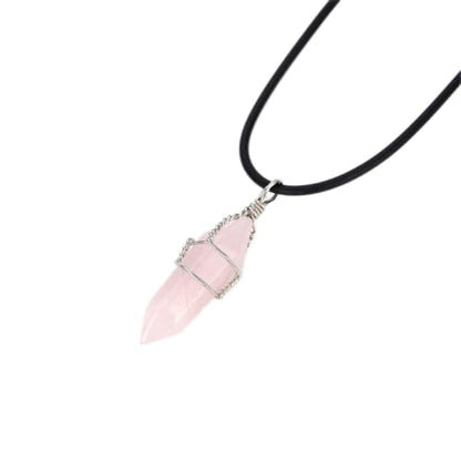 Adabele 1pc Natural Gemstone Bullet Pendant Necklace 18 Inch Crystal Stone Quartz Reiki Chakra Energy Rock PU Leather Cord Necklace Waterproof Women Jewelry - color: Rose quartz (pink)