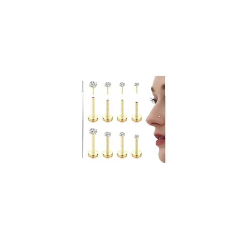 LOLIAS 14K Gold Plated Threadless Nose Studs, Nose Rings for Women 20G 18G | Hypoallergenic 316L Surgical Steel Labret Studs, Push In Flat Back Earrings, CZ Nose Nostril Tragus Helix Piercing Jewelry - color: 14K Gold Plated, size: 18G -1.6/2/2.5/3mm CZ-6