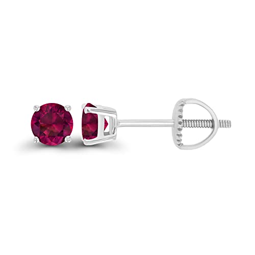 14K Gold Plated 925 Sterling Silver Hypoallergenic 4mm Round Genuine Birthstone Solitaire Screwback Stud Earrings - color: Ruby Created
