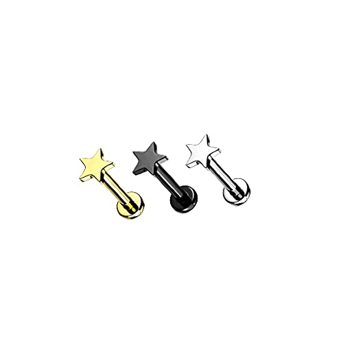 Pierced Owl 16GA Extra Petite 6mm Barbell F136 Implant Grade Titanium Internally Threaded Flat Star Top Flat Back Labret Stud - style: Black