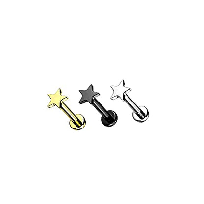 Pierced Owl 16GA Extra Petite 6mm Barbell F136 Implant Grade Titanium Internally Threaded Flat Star Top Flat Back Labret Stud - style: Gold Tone