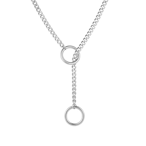 Heart O Ring Slip Chain Necklaces for Women and Men Stainless Steel Long Cuban Chain Bar Necklace Punk Rock Collar Necklaces Handmade Adjustable Lariat Y Necklace - color: Silver Ring