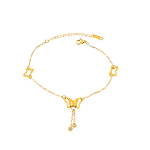 Dainty Gold Anklets for Women Stainless Steel Simple Ankle Bracelets Summer Beach Foot Chain Jewelry Gift - color: Butterfly Tassels