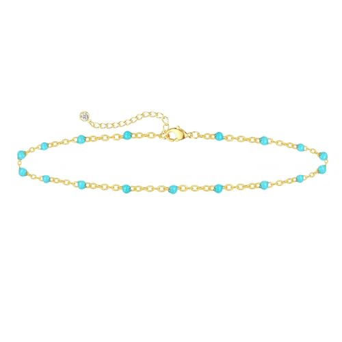 Rotnso Anklets for Women 14K Gold Silver Plated Ankle Bracelets Trendy Waterproof Boho Anklets Set Adjustable Dainty Cute Diamond Beaded Heart Non Tarnish Summer Beach Jewelry Gift - style: Turquoise-GD