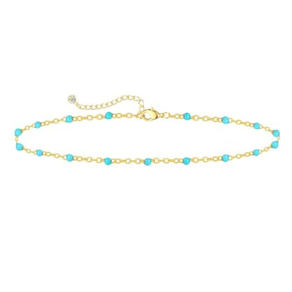 Rotnso Anklets for Women 14K Gold Silver Plated Ankle Bracelets Trendy Waterproof Boho Anklets Set Adjustable Dainty Cute Diamond Beaded Heart Non Tarnish Summer Beach Jewelry Gift - style: Turquoise-GD