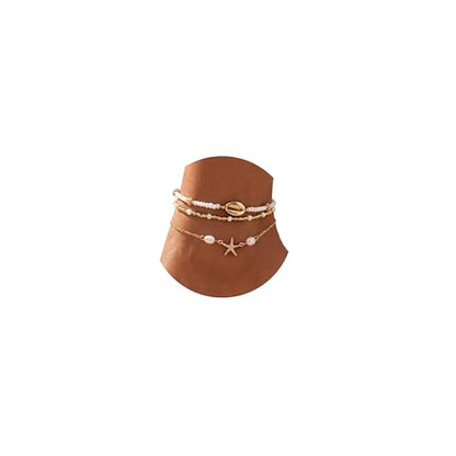 Qceasiy Starfish Ankle Bracelets for Women, Boho Beaded Beach Anklets Set | Gold-plated layered anklets in seashell, disc, and conch styles, with stretch or adjustable fits for summer beach outfits. - color: Gold Plated White