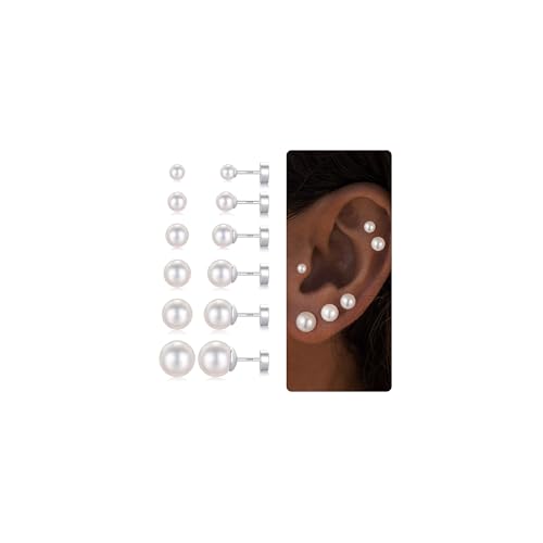 6 Pairs Hypoallergenic Flat Back Earrings for Women Girls,Stud Earring Set | Cartilage Earrings for Sensitive Ears,Cubic Zirconia Ball Pearl Earring,Screw Back Helix Conch Piercing Sets,Jewelry Gifts - color: Pearl-Sliver-Plated