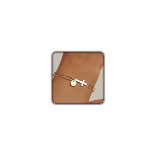 Gold Bracelets for Women,14K Gold-Plated Dainty A-Z Letter Cross Initial Bracelet for Women, Hypoallergenic Paperclip Chain Bracelets Fashion Accessories Religious Christian Gift - color: Y