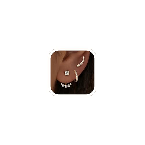 Gelbesty Gold Stud Earrings Set for Women, 3 Pairs Huggie Hoop Jacket Studs Earring Stacks - color: Gold
