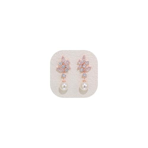 Crysdue Simulated Pearl Earrings for Women, Dainty Silver/Gold/Rose Gold Plated Cubic Zirconia Drop Dangle Earrings Wedding Jewelry for Bride Bridesmaid - style: A- CZ+pearl, rose gold