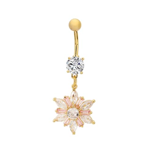 14G Dainty Rhinestone Flower Dangle Navel Ring for Women Fashion Statement Snowflake Crystal Drop Belly Button Rings Sparkly CZ Barbell Stud Sexy Body Piercing Jewelry - color: Gold