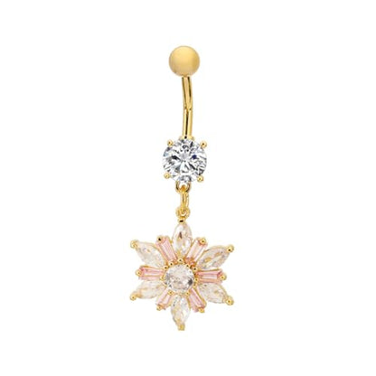 14G Dainty Rhinestone Flower Dangle Navel Ring for Women Fashion Statement Snowflake Crystal Drop Belly Button Rings Sparkly CZ Barbell Stud Sexy Body Piercing Jewelry - color: Gold