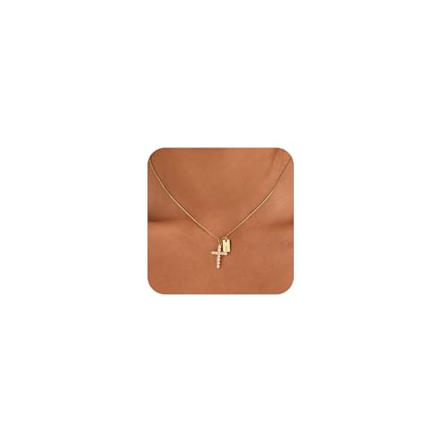 Cross Initial Necklace for Women Non Tarnish 18K Gold Plated Initial Letter A-Z Pendant Necklaces with Cubic Zirconia Cross Christian Faith Necklace Jewelry Gifts for Women - color: I