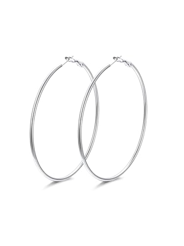 FindChic Thin Hoop Earrings for Women,Silver/Black/Gold Plated 20-100mm - color: Silver, size: 70mm