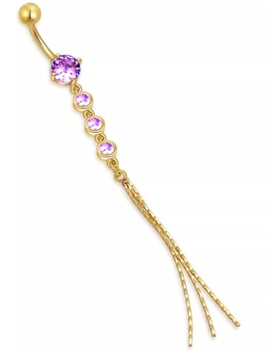 JAJAFOOK Surgical Steel Cubic Zirconia Long Dangle Navel Ring Sexy Body Piercing Belly Button - color: Purple