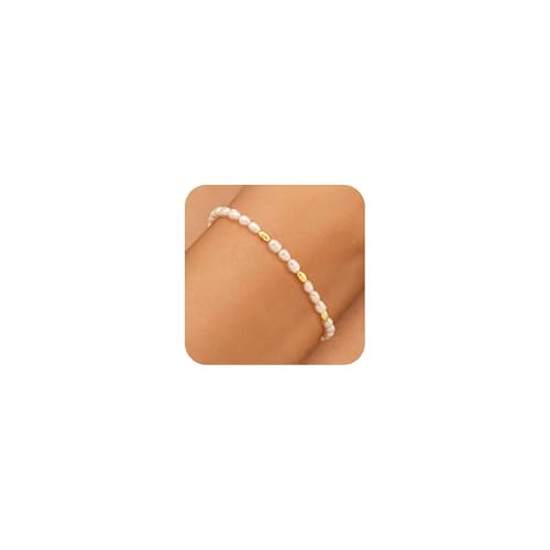 NECOCY 14K Gold Plated Pearl Bracelets for Women, Dainty Bracelets Stack Trendy Pearls Beaded Link Chain Charm Bracelets Set Layered Tiny Wedding Prom Jewelry Gift for Women Mother's Day Graduation - style: Style-14