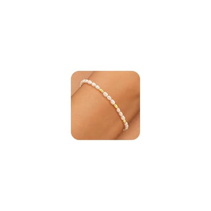 NECOCY 14K Gold Plated Pearl Bracelets for Women, Dainty Bracelets Stack Trendy Pearls Beaded Link Chain Charm Bracelets Set Layered Tiny Wedding Prom Jewelry Gift for Women Mother's Day Graduation - style: Style-14