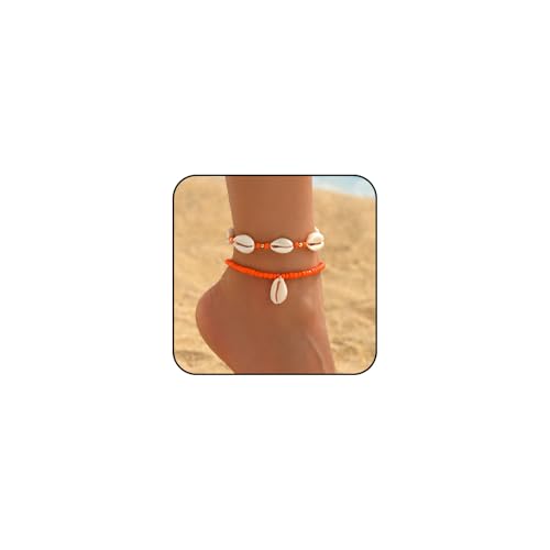 INENIMARTJ Puka Shell Anklets Bracelet for Women Colorful Shell Beaded Anklet Summer Ocean Hawaiian Beach Foot Jewelry Mermaid Seashell Anklets Jewelry for Women - color: orange