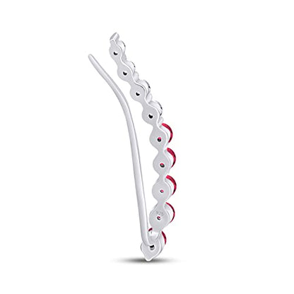 One Piece Right Ear Climber Earring for Women With Birthstone And White CZ | Floating Curved Bar Ear Crawler In 14K Gold Over Sterling Silver Jewelry for Her - color: Simulated Ruby