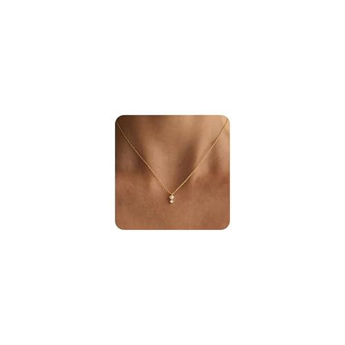 Gold Necklace for Women, Dainty 14K Gold Plated Pendant Necklaces for Women Trendy Simple Choker Chain Cubic Zirconia Circle/Interlocking/Sun/Pearl Necklace Fashion Jewelry Charm Gifts - color: Pearl CZ-2