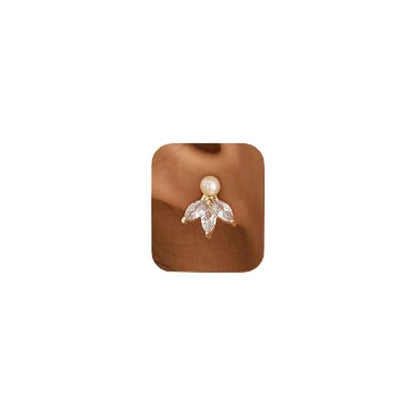 Pearl Earrings - 14k Gold or White Gold Plated Sparkle Cubic Zirconia Dainty Pearl Stud Earrings for Women Wedding Party Bridal - color: silver leaf