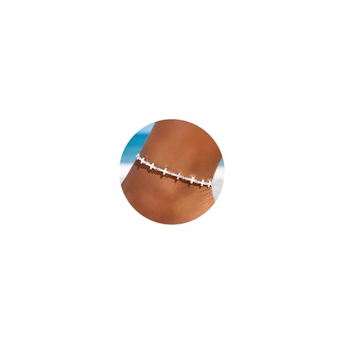 Sterling Silver Ankle Bracelets for Women 14K Gold Waterproof Layered Stackable Bead Chain Cross Charm Non Tarnish Large Adjustable Anklet for Summer Beach Jewelry Gift - color: silver5