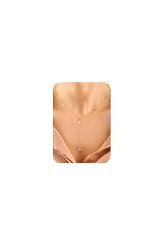 14K Gold Layered Cross Necklaces for Women,Tiny Small Sideways Cross Necklace Minimalist Christian Jewelry Gifts First Communion Confirmation Easter Stuff,2Pcs - color: Virgin Mary,Gold