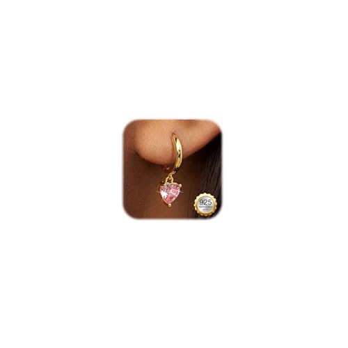FIBO STEEL 14K Gold Plated Hoop Earrings with Charms for Women Huggie Hoops | Hypoallergenic 925 Sterling Silver Post Dangle Earrings Small Silver Gold Hoops Earring Cubic Zirconia Dangle Drop Jewelry - color: Pink Heart - 14K Gold Plated