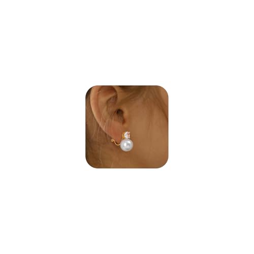 Awinesn Pearl Clip on Earrings for Women 14K Gold Silver Plated Pearl Earrings Cubic Zirconia Non Pierced Earrings for Women Jewelry Gifts Wedding Party - color: CZ-gold-12mm