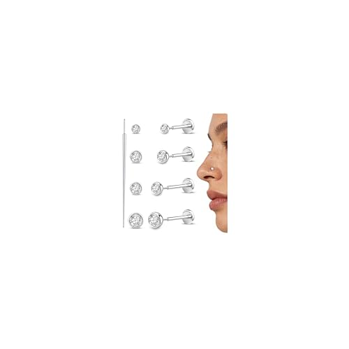 GEMQUEEN 4 Pairs 16G/18G/20G G23 Titanium Implant Grade Nose Studs Threadless Flat Back Earrings Hypoallergenic Flatback 5A CZ Cartilage Helix Tragus Conch Tiny Lip Piercing Jewelry for Women Men - color: Pure Titanium-20G(0.8MM))-Bar-6/8MM&CZ-2/3/4MM