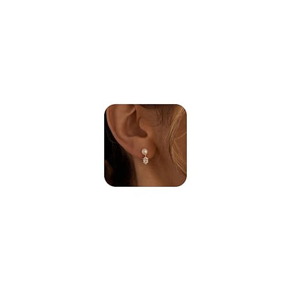 Pearl Earrings for Women:Gold Wedding Dangle Drop Earring Pearl Jewelry | 14K Gold Plated Pearl Drop Earrings for Women,Dainty Wedding Bride Earring Studs,Gold Dangle Drop Earring,Waterproof Jewelry - size: 1 pcs-7