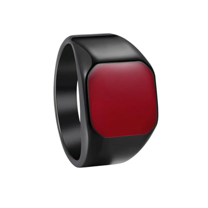 PAURO Unisex Stainless Steel Minimalist Square Enamel Signet Ring Plated Glossy Wedding Band - color: Black Red
