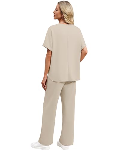 Sampeel Lounge Sets for Women V Neck Turn-UP Sleeves Tops Wide Leg Pants 2 Piece Sets Oversized Summer Vacation Outfits 2026 - color: Beige, size: Medium
