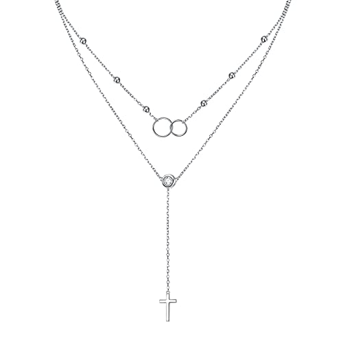 FLYOW Layered Necklace S925 Sterling Silver Y Shaped Jewelry - style: Two Circles Cross Style