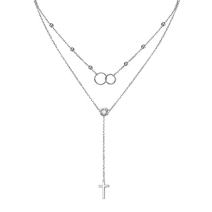 FLYOW Layered Necklace S925 Sterling Silver Y Shaped Jewelry - style: Two Circles Cross Style