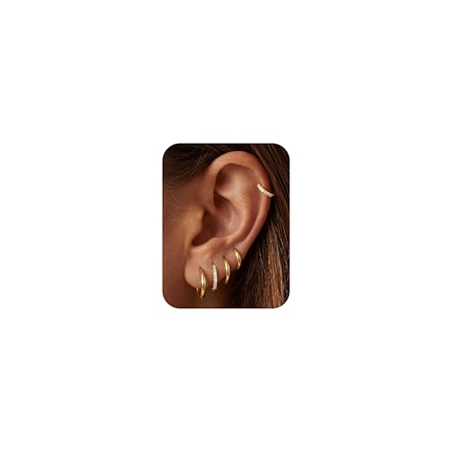 Tungary Small Gold Hoop Earrings for Women Huggie CZ Hoops Earring Stacks | Hypoallergenic Earing Hoops for Sensitive Ears, Earrings Stack Set for Cartilage, Secure Clasp, Silver/Black/14K Gold Plated - color: 14K Gold-Plain & CZ Huggies