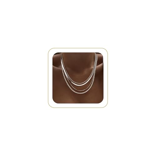 Tewiky Layered Necklaces for Women 14k Gold Plated Chain Necklace Set | Chunky Herringbone/Snake/Rope/Box/Cuban Link Chain for Women, Layering Stack Choker Necklace, Dainty Jewelry Set Non Tarnish - color: 4 Layered Necklace Silver