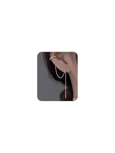 Long Chain Cuff Earrings Gold Silver Wrap Tassel Earrings Minimalist Cz Round Stud With Chain Cuff Double Piercing Jewelry Statement Fake Earrings for Women - color: style1-silver-1pcs