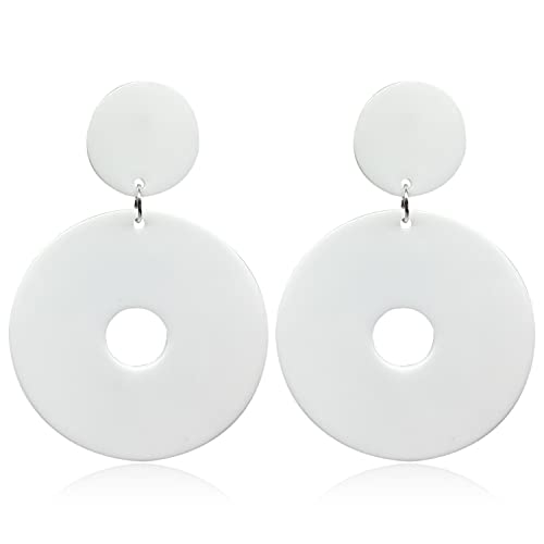 Retro Simple Acrylic Neon Earrings Hollow Round Dangle Drop Earrings for Women Girls Resin Geometric Statement Earrings 70s 80s Earrings Party Jewelry - color: white